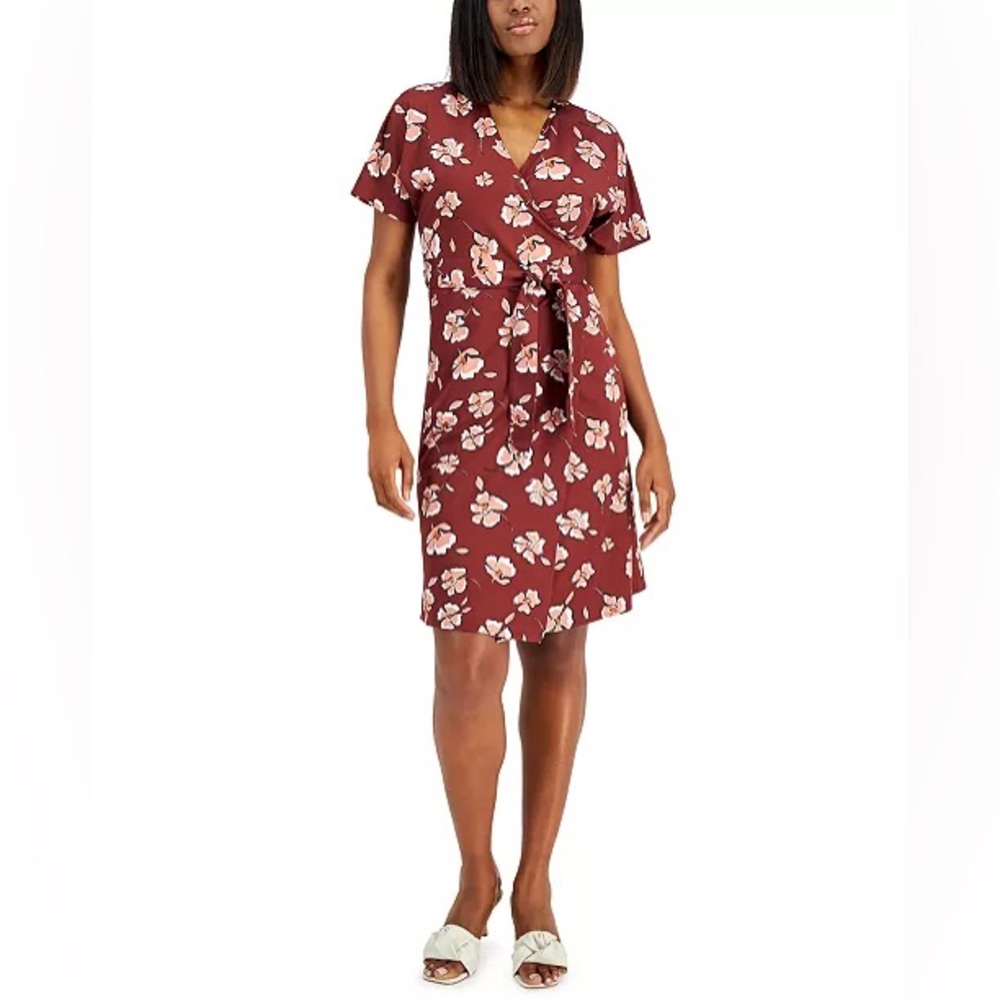 Alfani Burgundy and Pink Floral Print Wrap Dress size XL